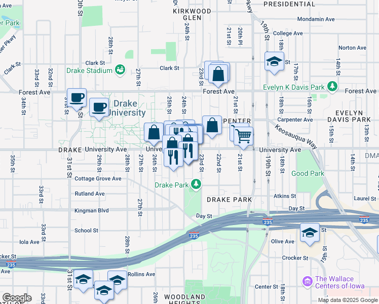 map of restaurants, bars, coffee shops, grocery stores, and more near 1147 24th Street in Des Moines