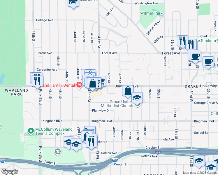 map of restaurants, bars, coffee shops, grocery stores, and more near 4010 University Avenue in Des Moines