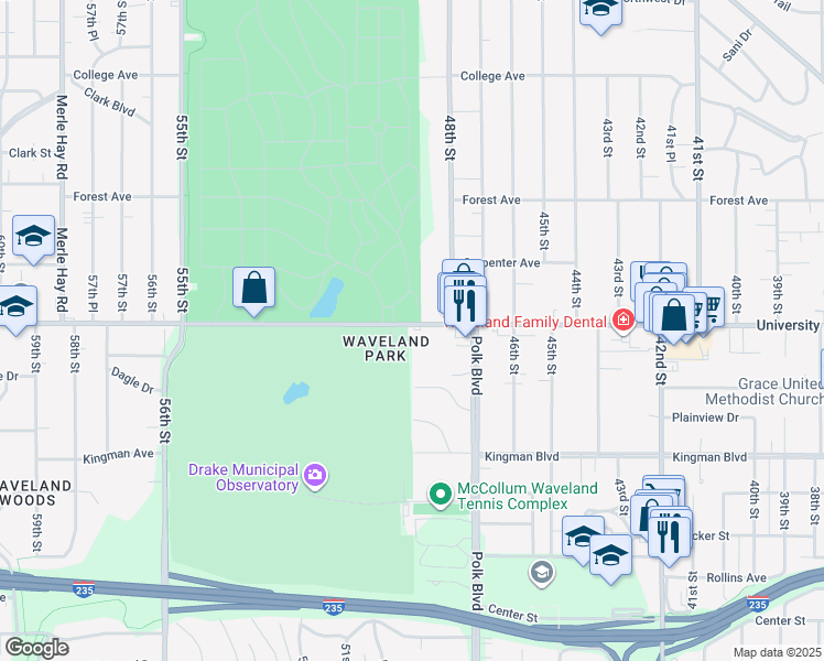 map of restaurants, bars, coffee shops, grocery stores, and more near 4900 University Avenue in Des Moines
