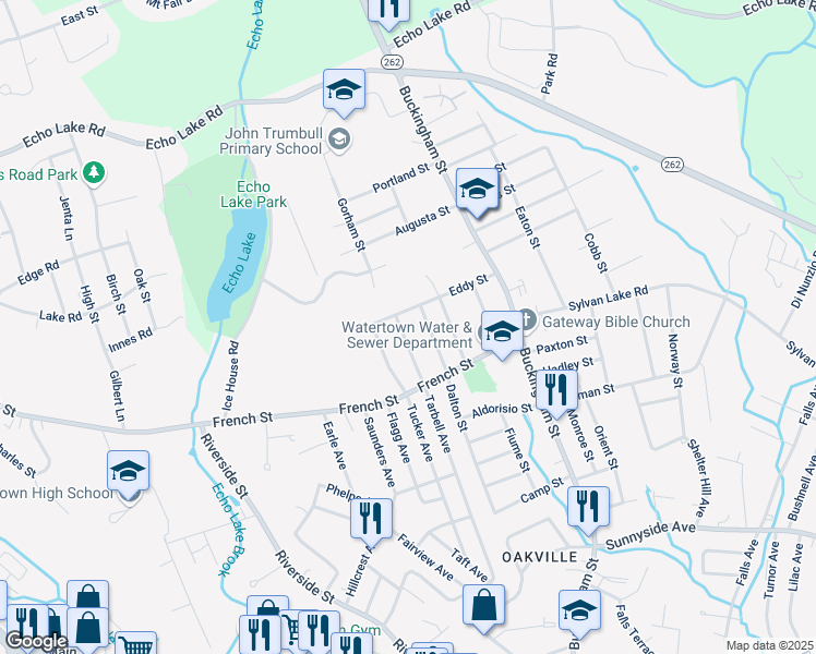 map of restaurants, bars, coffee shops, grocery stores, and more near 270 Tarbell Avenue in Watertown