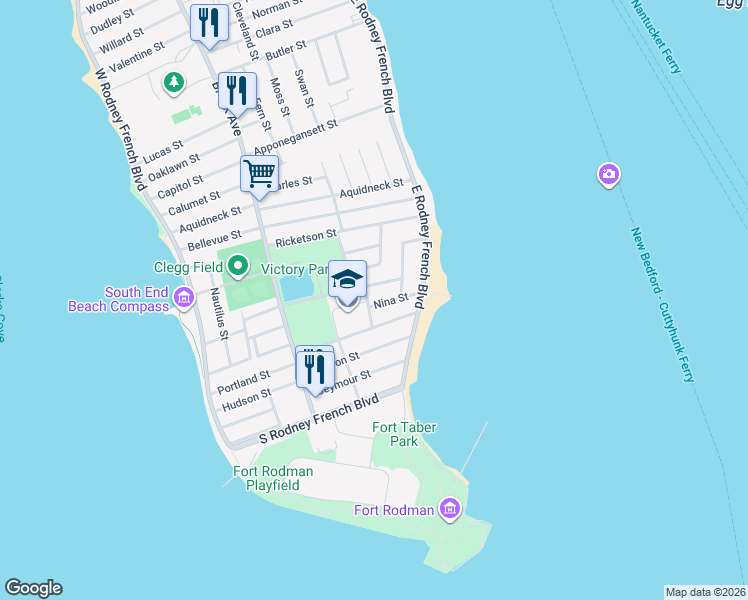 map of restaurants, bars, coffee shops, grocery stores, and more near 14 Belmont Street in New Bedford