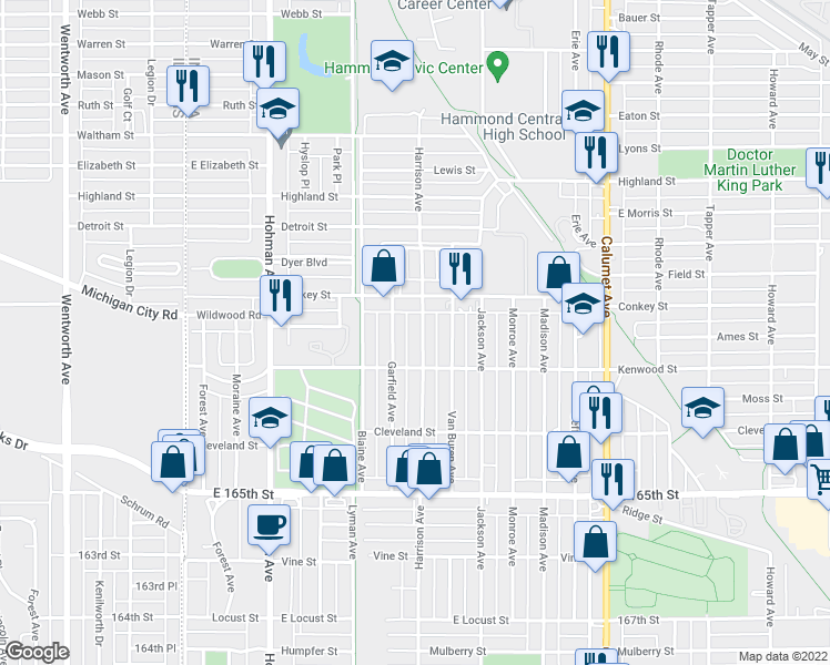 map of restaurants, bars, coffee shops, grocery stores, and more near 6232 Harrison Avenue in Hammond