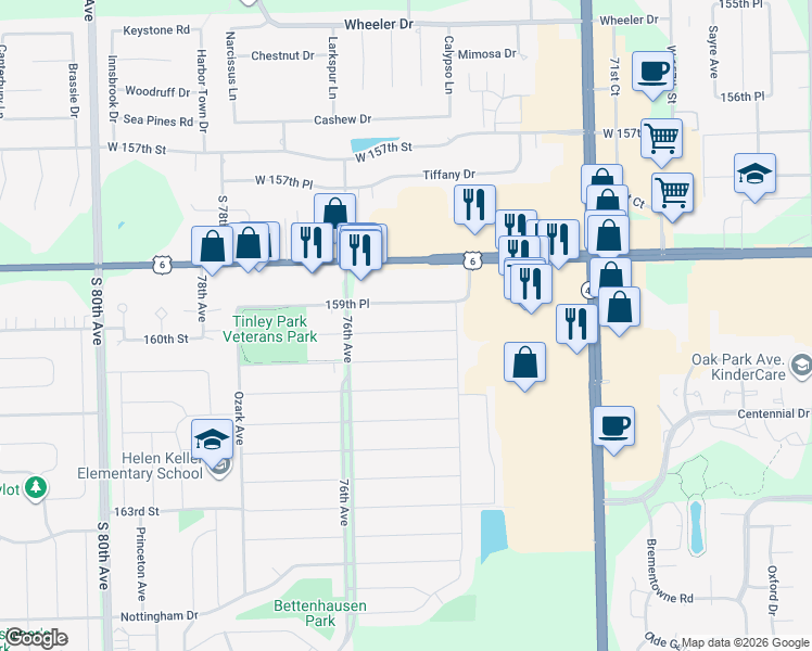 map of restaurants, bars, coffee shops, grocery stores, and more near 7454 160th Street in Tinley Park