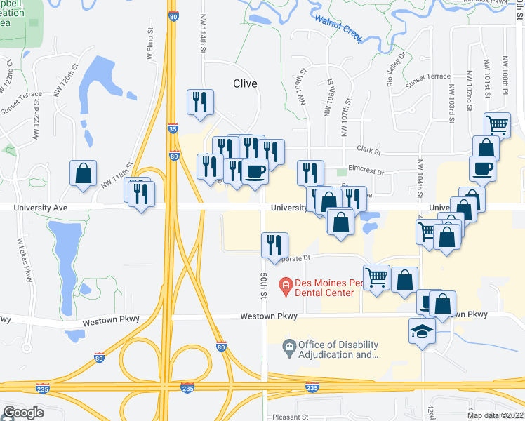 map of restaurants, bars, coffee shops, grocery stores, and more near 2202 50th Street in West Des Moines