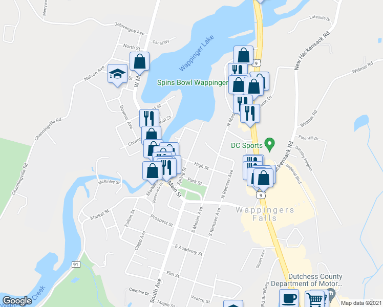 map of restaurants, bars, coffee shops, grocery stores, and more near 22 Spring Street in Wappingers Falls