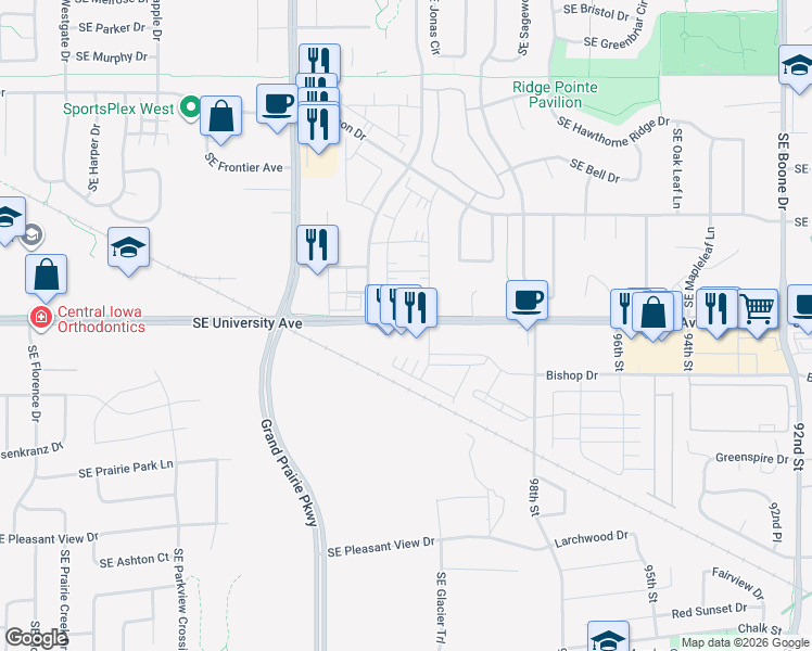map of restaurants, bars, coffee shops, grocery stores, and more near 1307 Southeast University Avenue in Waukee