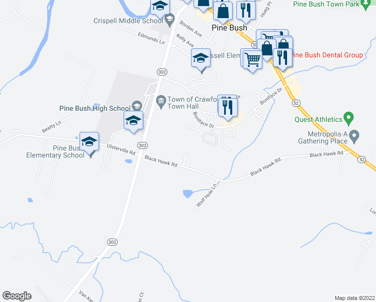 map of restaurants, bars, coffee shops, grocery stores, and more near 170 Black Hawk Road in Pine Bush