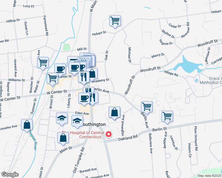 map of restaurants, bars, coffee shops, grocery stores, and more near 85 Berlin Avenue in Southington