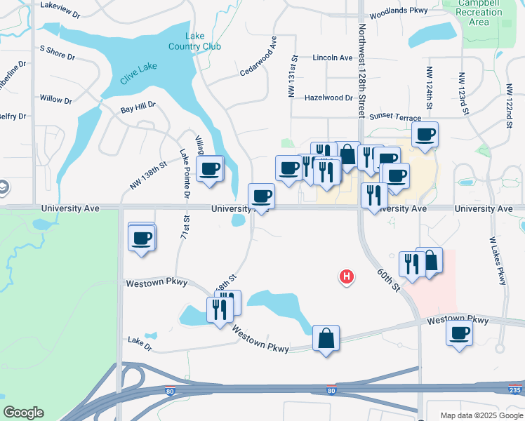 map of restaurants, bars, coffee shops, grocery stores, and more near 9503 University Avenue in Clive