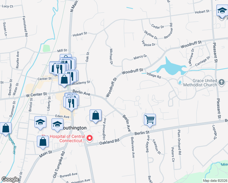 map of restaurants, bars, coffee shops, grocery stores, and more near 61 Woodruff Street in Southington