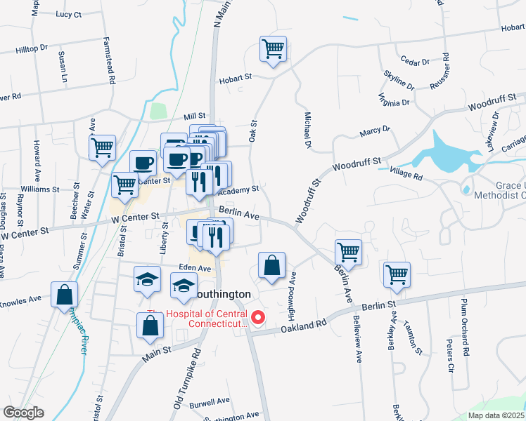 map of restaurants, bars, coffee shops, grocery stores, and more near 37 Academy Lane in Southington