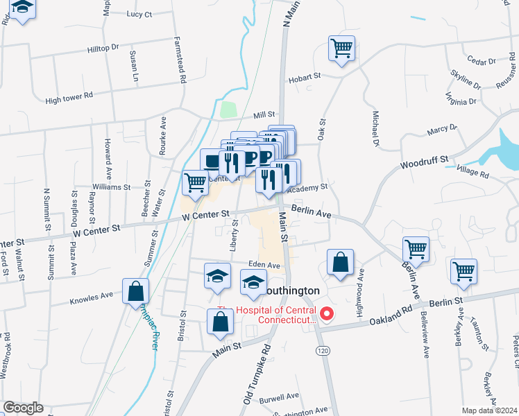 map of restaurants, bars, coffee shops, grocery stores, and more near 52 Main Street in Southington