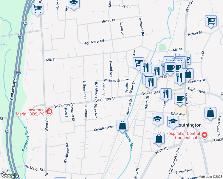 map of restaurants, bars, coffee shops, grocery stores, and more near 50 Matthews Street in Southington
