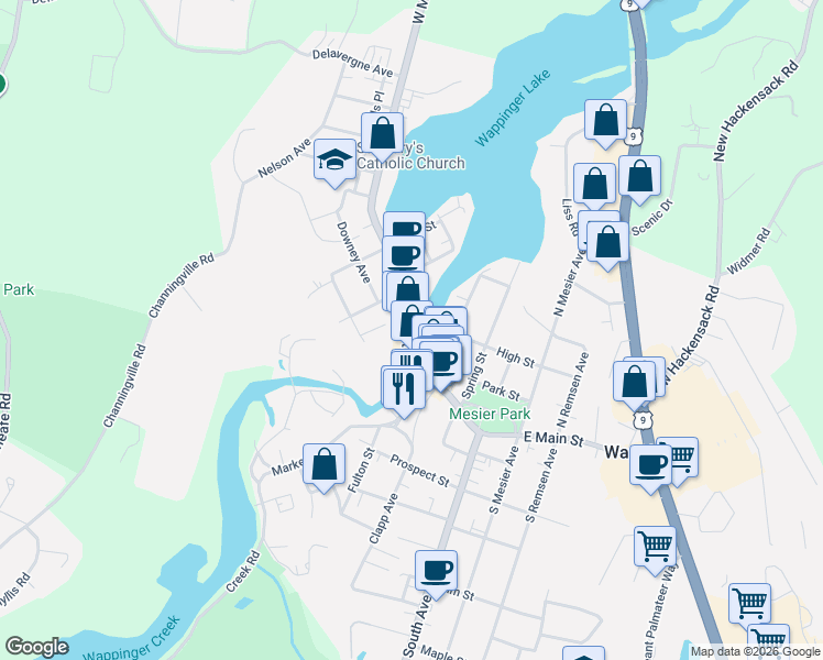 map of restaurants, bars, coffee shops, grocery stores, and more near 2694 West Main Street in Wappingers Falls