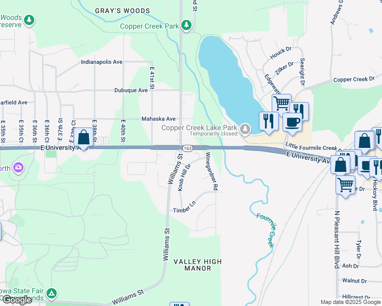 map of restaurants, bars, coffee shops, grocery stores, and more near 4150 East University Avenue in Des Moines