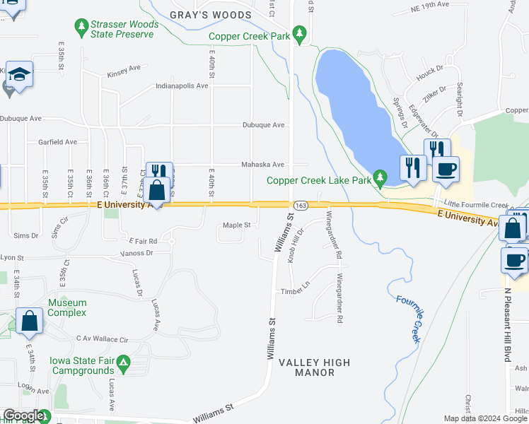 map of restaurants, bars, coffee shops, grocery stores, and more near 4100 East University Avenue in Des Moines