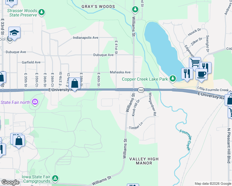 map of restaurants, bars, coffee shops, grocery stores, and more near 4100 East University Avenue in Des Moines