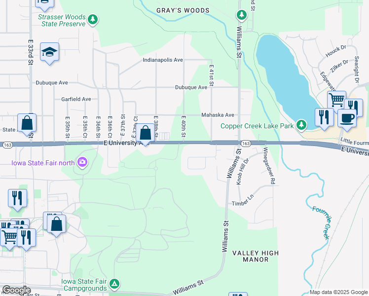map of restaurants, bars, coffee shops, grocery stores, and more near 3944 East University Avenue in Des Moines
