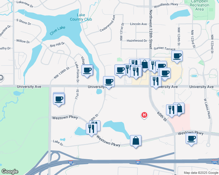 map of restaurants, bars, coffee shops, grocery stores, and more near 13180 Forest Circle in Clive