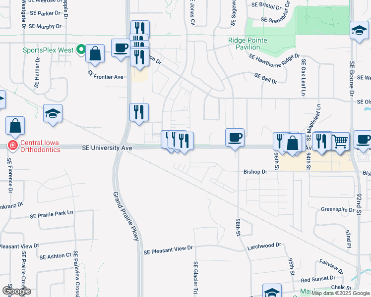 map of restaurants, bars, coffee shops, grocery stores, and more near 1265 Southeast University Avenue in Waukee