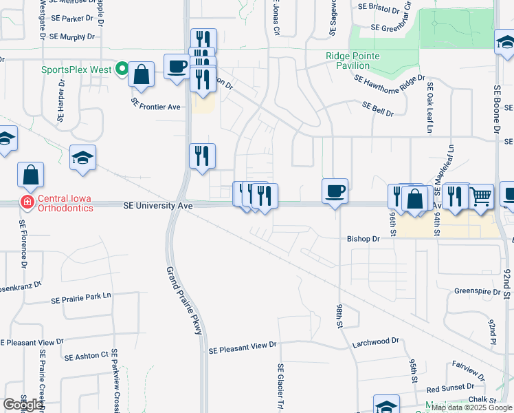 map of restaurants, bars, coffee shops, grocery stores, and more near 1205 Southeast University Avenue in Waukee