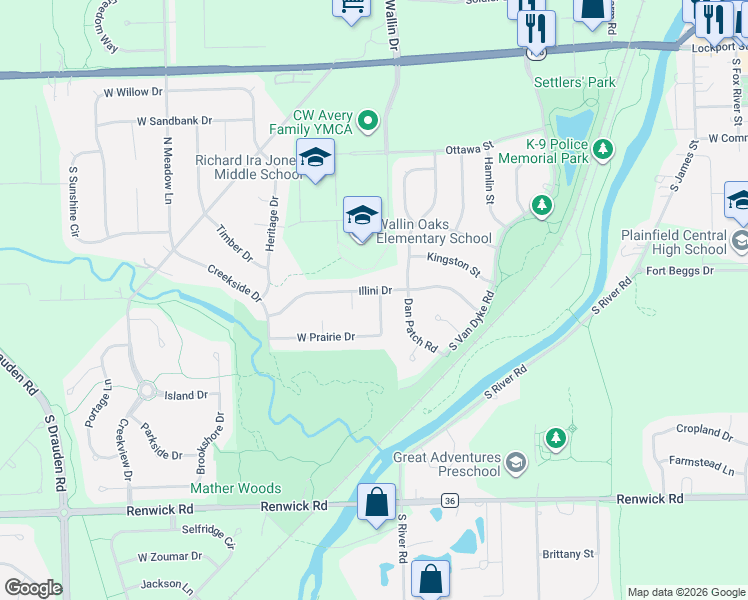 map of restaurants, bars, coffee shops, grocery stores, and more near 24820 Illini Drive in Plainfield