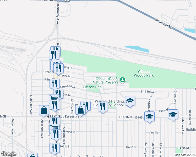 map of restaurants, bars, coffee shops, grocery stores, and more near 3015-3157 Crane Place in Hammond
