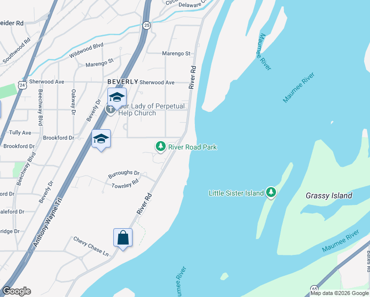 map of restaurants, bars, coffee shops, grocery stores, and more near 3554 River Road in Toledo