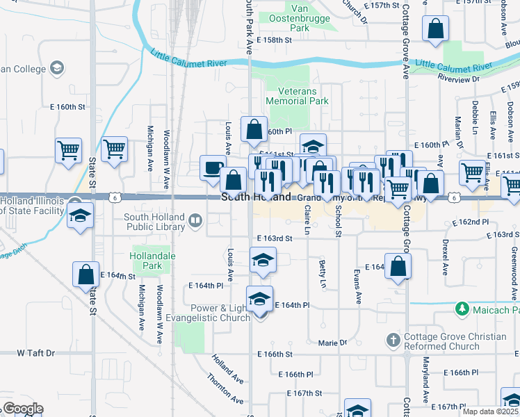 map of restaurants, bars, coffee shops, grocery stores, and more near 436 East 162nd Street in South Holland