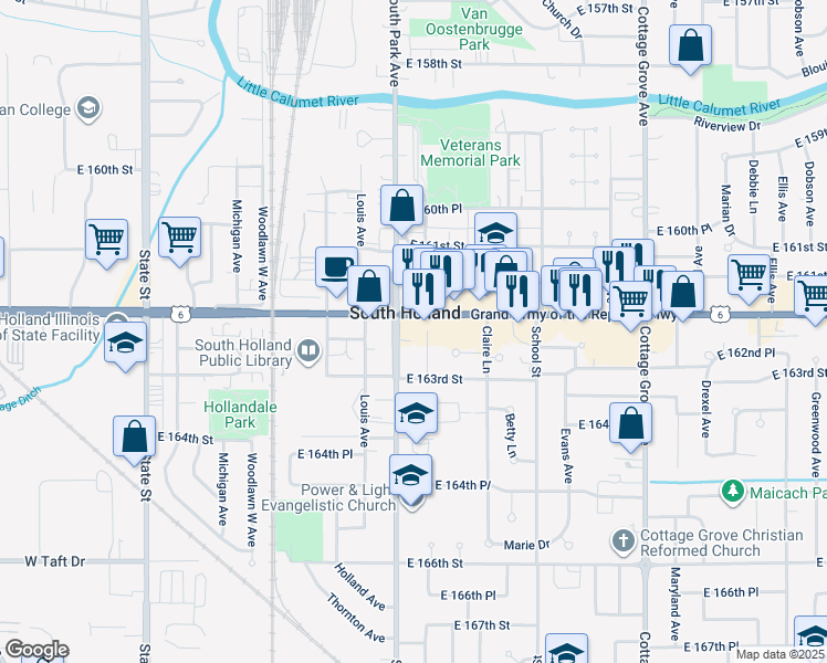 map of restaurants, bars, coffee shops, grocery stores, and more near 436 East 162nd Street in South Holland