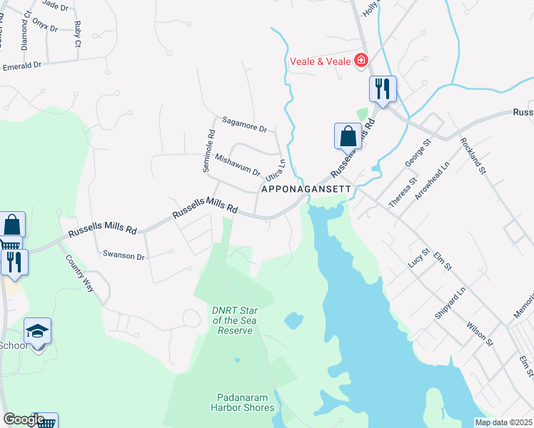 map of restaurants, bars, coffee shops, grocery stores, and more near 283 Russells Mills Road in Dartmouth