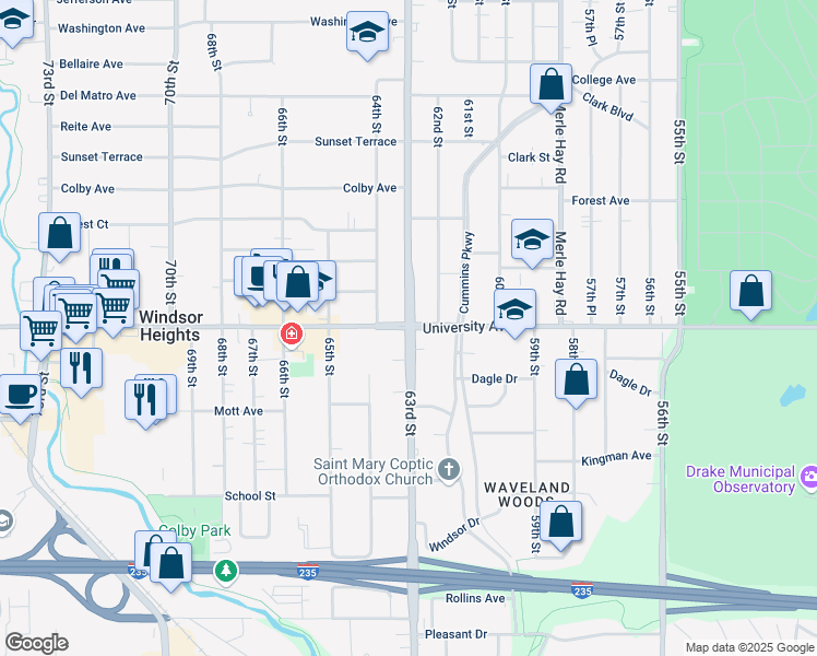 map of restaurants, bars, coffee shops, grocery stores, and more near IA-28 & University Ave in Windsor Heights