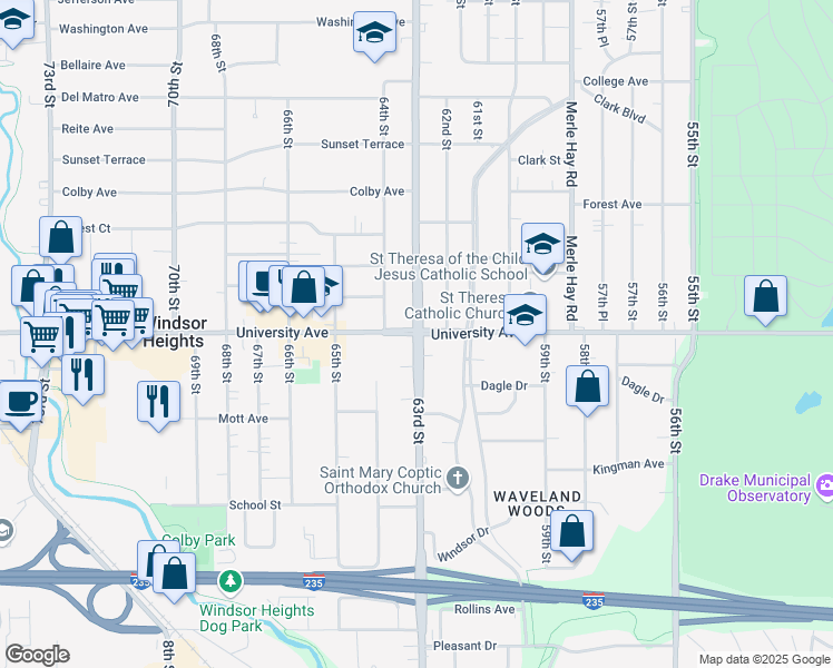 map of restaurants, bars, coffee shops, grocery stores, and more near IA-28 & University Ave in Windsor Heights