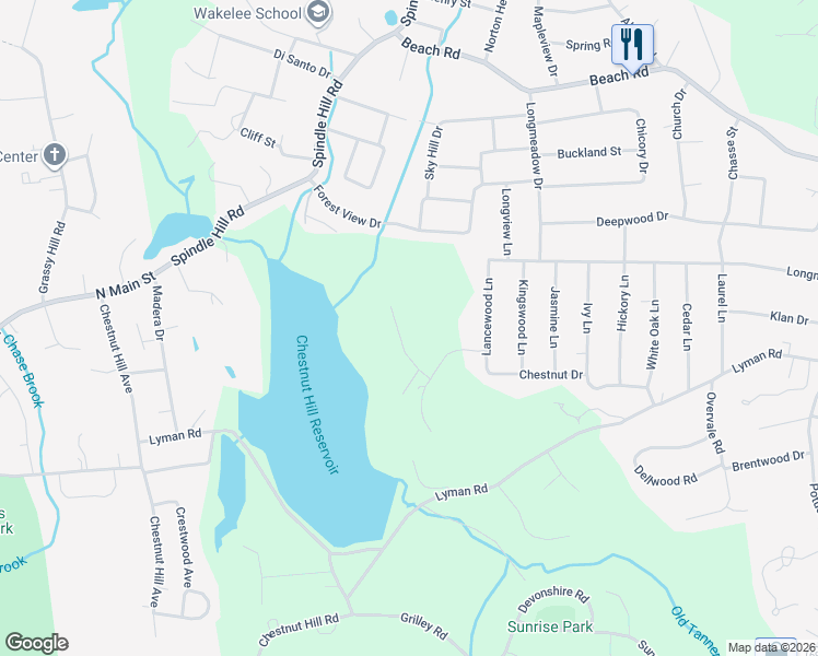 map of restaurants, bars, coffee shops, grocery stores, and more near 98 Sky Hill Drive in Wolcott