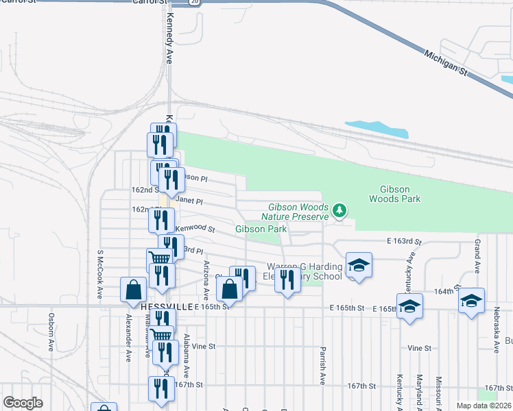 map of restaurants, bars, coffee shops, grocery stores, and more near 3029 Crane Place in Hammond