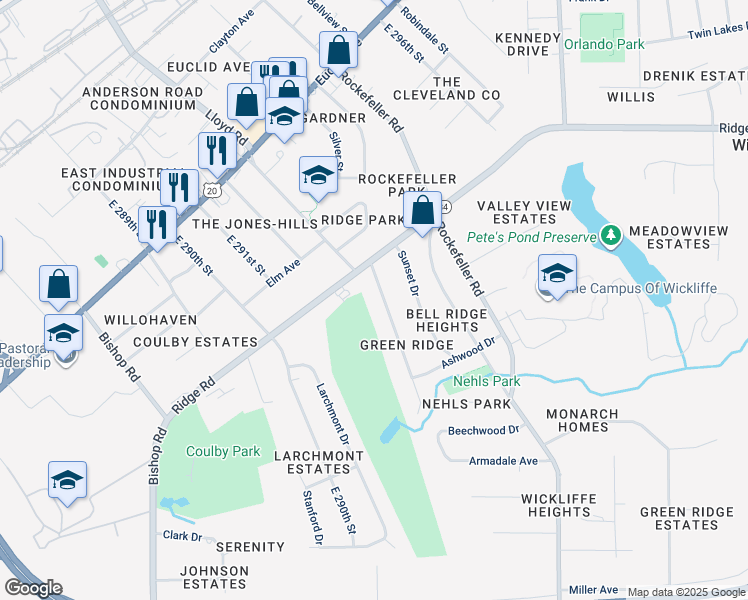 map of restaurants, bars, coffee shops, grocery stores, and more near 2148 Green Ridge Drive in Wickliffe