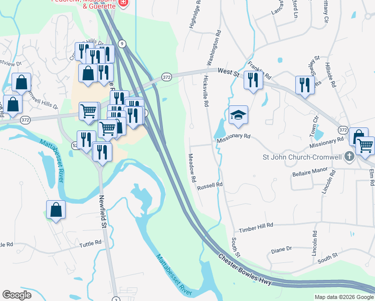 map of restaurants, bars, coffee shops, grocery stores, and more near 8 Meadow Road in Cromwell