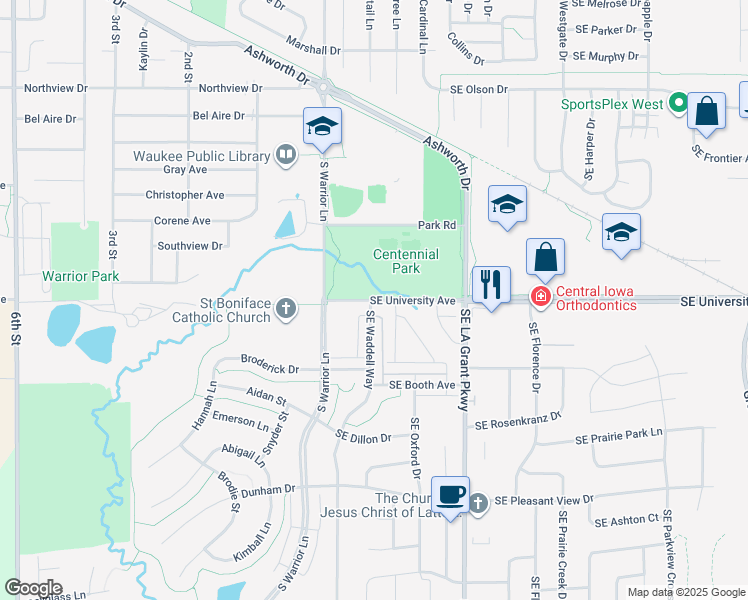 map of restaurants, bars, coffee shops, grocery stores, and more near Southeast University Avenue in Waukee