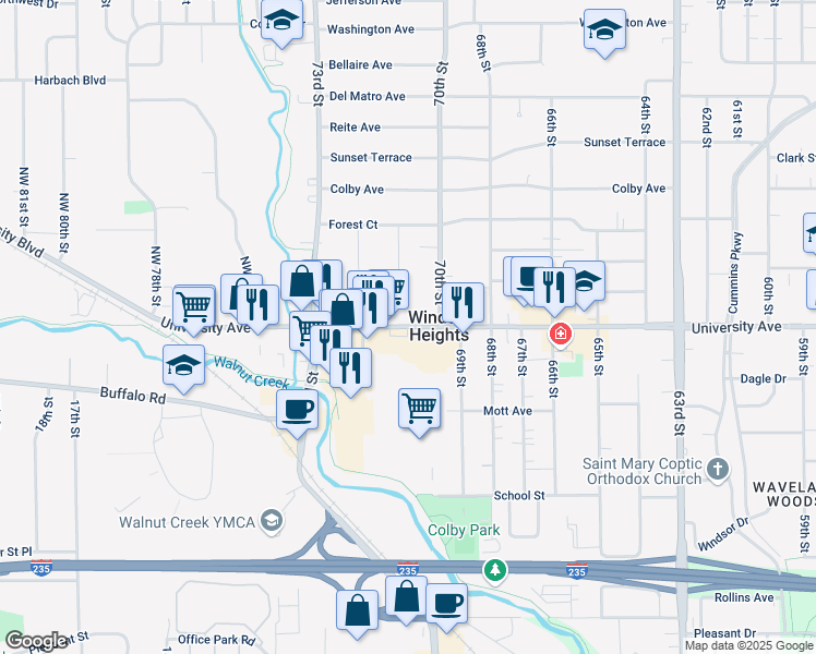 map of restaurants, bars, coffee shops, grocery stores, and more near 7101 University Avenue in Windsor Heights
