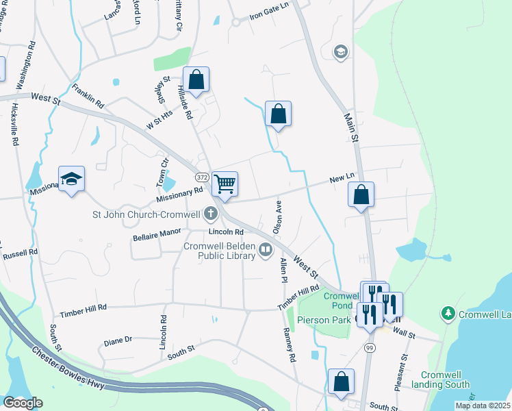 map of restaurants, bars, coffee shops, grocery stores, and more near 37 New Lane in Cromwell
