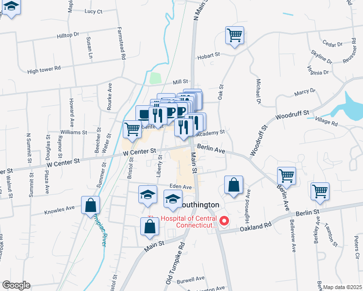 map of restaurants, bars, coffee shops, grocery stores, and more near 52 Main Street in Southington