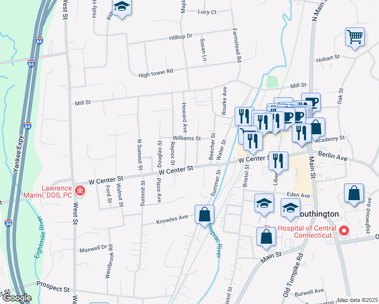 map of restaurants, bars, coffee shops, grocery stores, and more near 50 Matthews Street in Southington