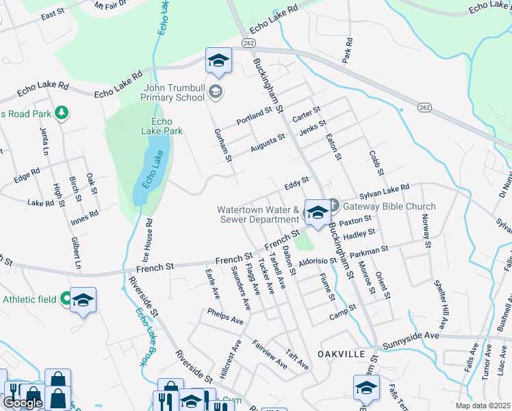 map of restaurants, bars, coffee shops, grocery stores, and more near 98 Eddy Street in Watertown