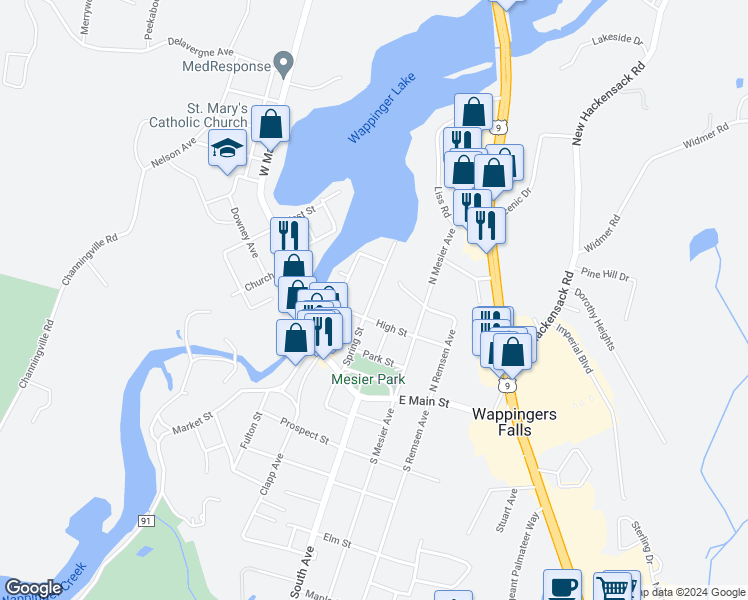 map of restaurants, bars, coffee shops, grocery stores, and more near 35 Spring Street in Wappingers Falls