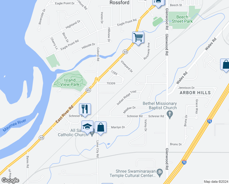 map of restaurants, bars, coffee shops, grocery stores, and more near 1111 West Elm Tree Road in Rossford