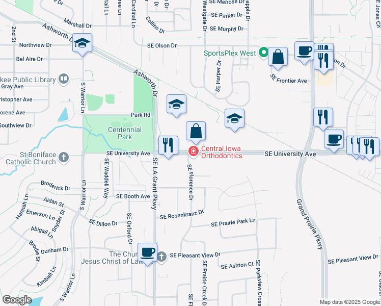 map of restaurants, bars, coffee shops, grocery stores, and more near 3213 Southeast University Avenue in Waukee