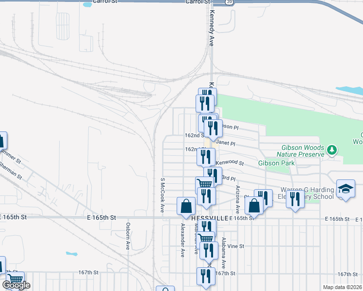 map of restaurants, bars, coffee shops, grocery stores, and more near 2710 162nd Street in Hammond
