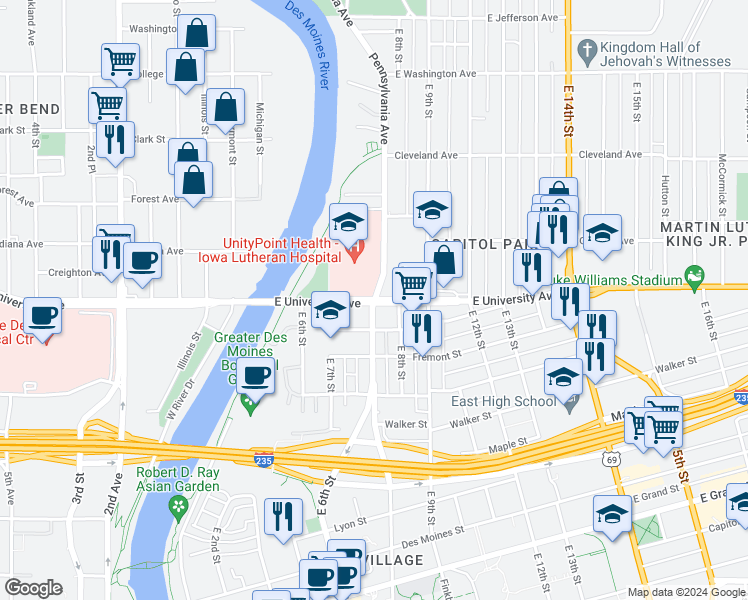 map of restaurants, bars, coffee shops, grocery stores, and more near E University Ave & Pennsylvania Ave in Des Moines