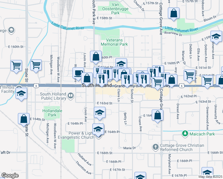 map of restaurants, bars, coffee shops, grocery stores, and more near in South Holland