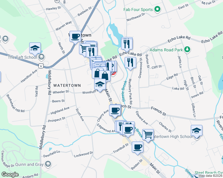 map of restaurants, bars, coffee shops, grocery stores, and more near 28 Atwood Court in Watertown